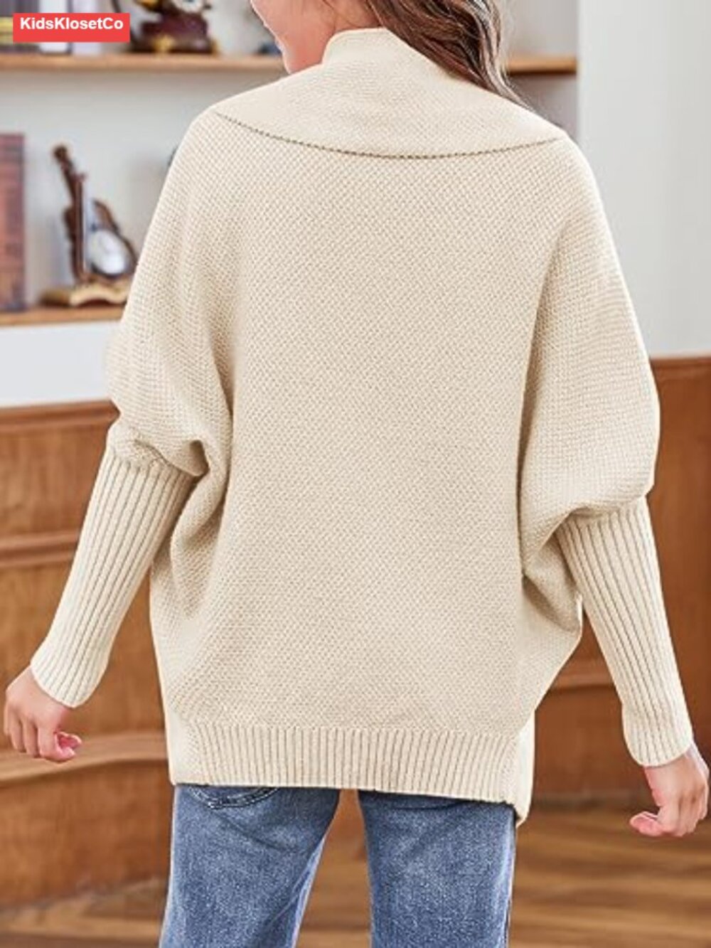 Girls Open Front Cardigan Sweaters Batwing Long Sleeve Shawl Collar Ribbed Knit - Picture 5 of 6